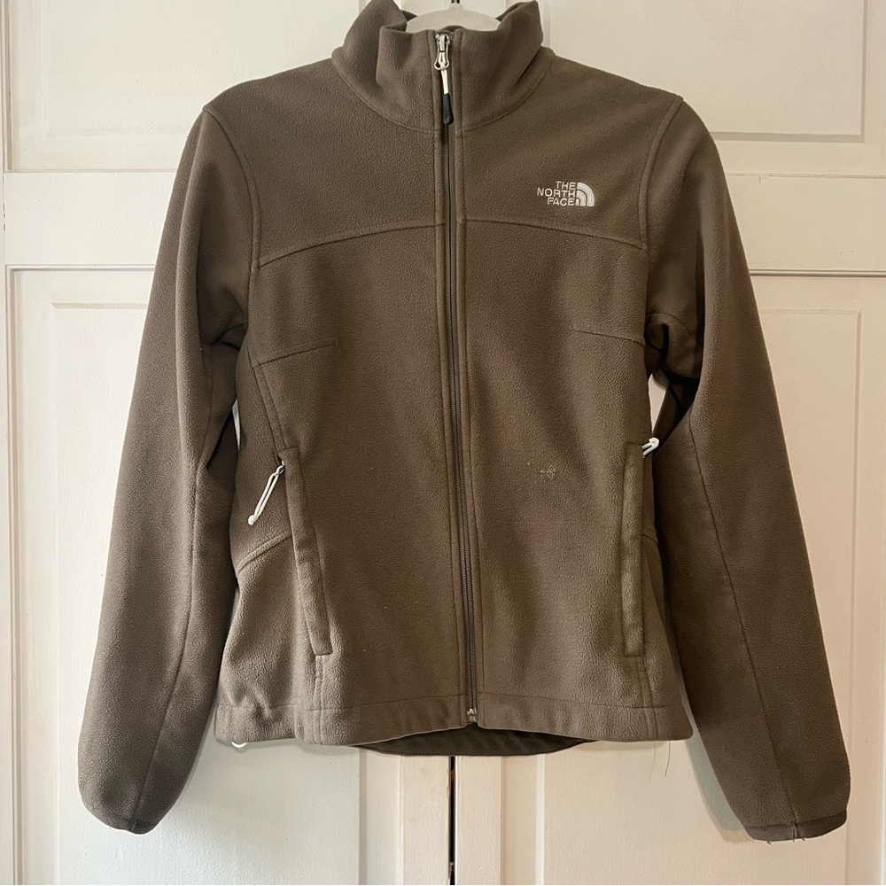 Th North Face fleece jacket, beige/green color. Size small